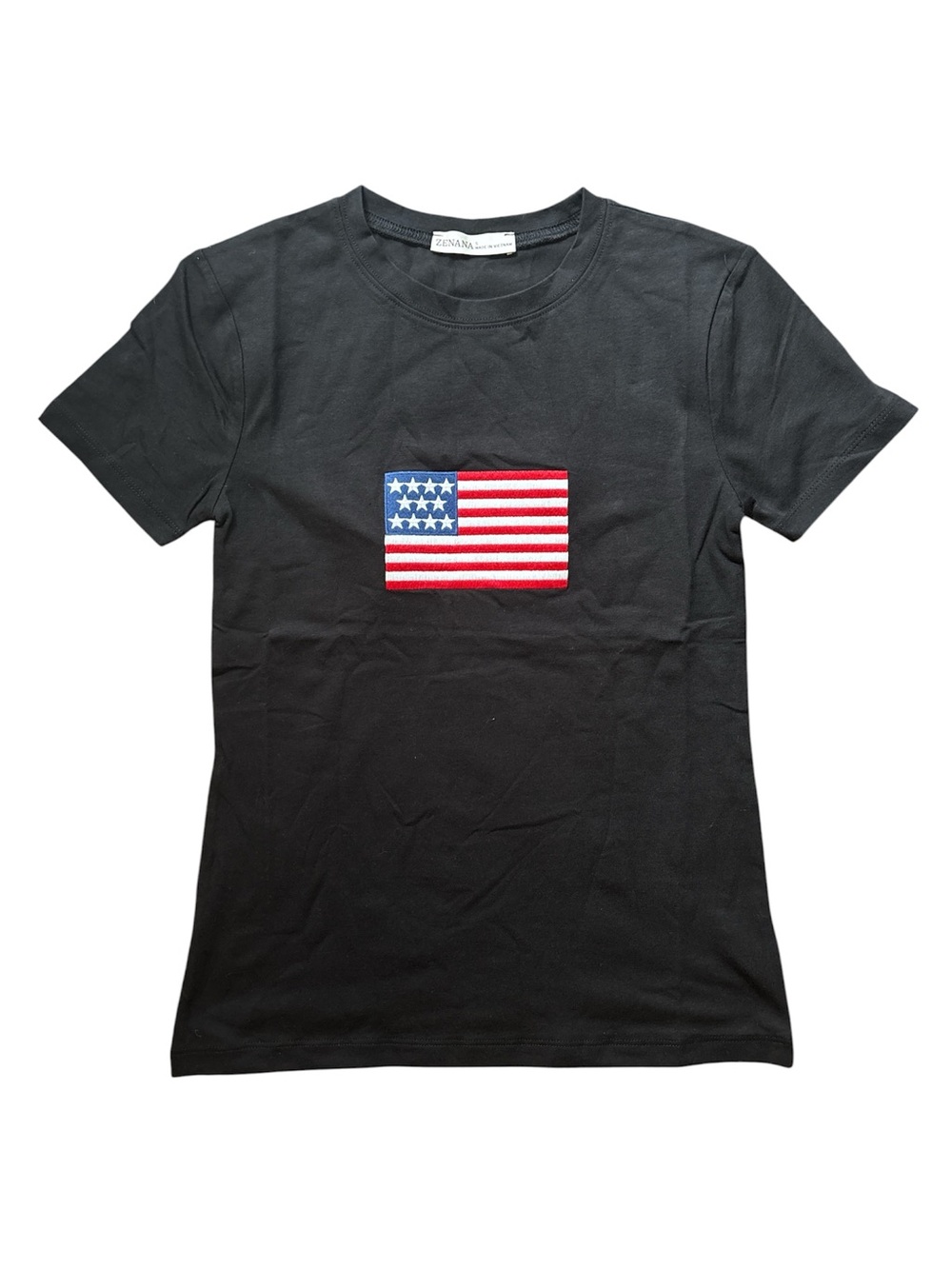 Zenana Black Short-Sleeve Tee Shirt Top Embroidered Flag American Patriotic Star